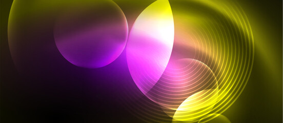 An artistic display of a vibrant purple and yellow glowing circle on a dark background, resembling a liquid or water droplet with shades of violet, pink, and magenta