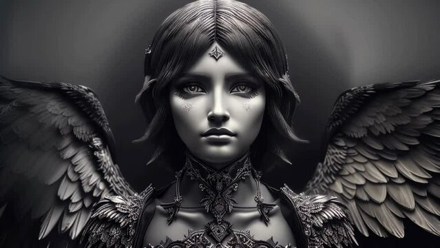 Portrait of a beautiful attractive black fallen angel on a dark background