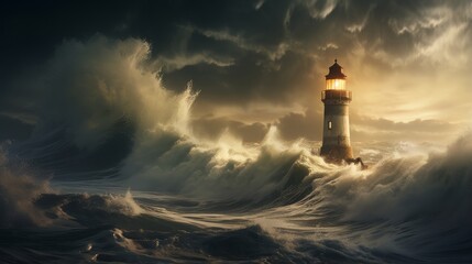 A luminous lighthouse guiding ships in a storm - obrazy, fototapety, plakaty