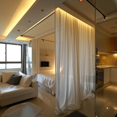 small home interior design concept beautiful small space organize manage with curtain partitionseperate functional area of home interior design background