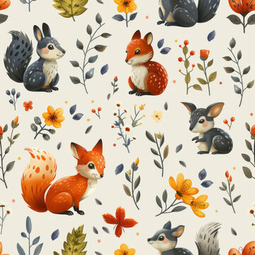 A seamless pattern with cute cartoon woodland animals and flowers. squirrel