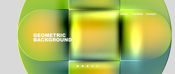 A vibrant green and yellow fluid geometric background featuring rectangles and circles. The design includes tints and shades creating a visually appealing pattern resembling a modern publication font