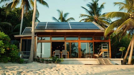 Solar panels on a beachfront house, showcasing sustainable living in coastal areas. 