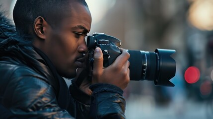 Candid image of a young photographer in action, adjusting camera settings with a concentrated expression, highlighting the technical expertise and attention to detail. 