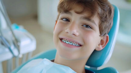 A photo portrait of smiling teenager boy in dental braces, sitting in dentist’s chair, orthodontist visit, beautiful teeth in brace system, young boy with blue dentist napkin