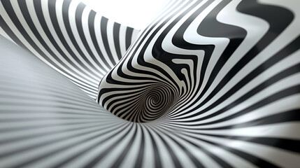 An elegant wave of thin black and white stripes, twisting into a sophisticated spiral abstract pattern.
