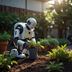 A white robot planting a tree in the garden in the morning sunlight.