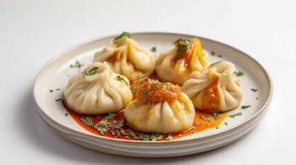 Khinkali topped with spicy adjika sauce on a plate against a white backdrop