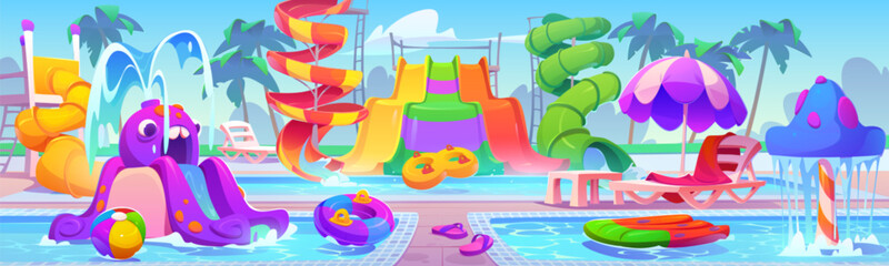 Water slide in summer aqua park swim pool cartoon background. Waterslide with playground and inflatable activity for child to play. Colorful resort pipeline and fountain environment panorama for game - obrazy, fototapety, plakaty