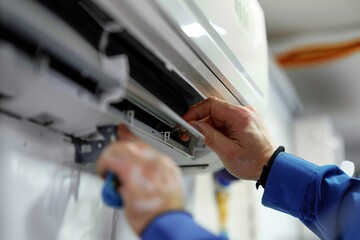 the hand of a technician earnestly repairing an air conditioner