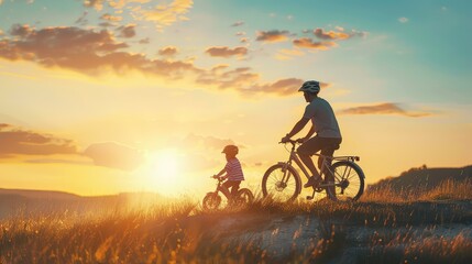 Obraz premium A side view of a father and child biking together, with a scenic background for Father's Day greetings.