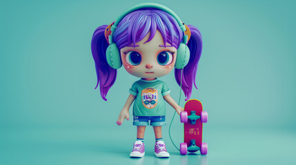 Fototapeta premium Holds a red skateboard, Green headphones holds a red skateboard in one hand. 3d render isolated, Cute cartoon kawaii funny colorful purple-haired k-pop girl wears fashion clothes blue t-shirt, shorts