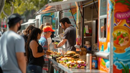 Obraz premium A candid moment of people enjoying Cinco de Mayo street food from food trucks.