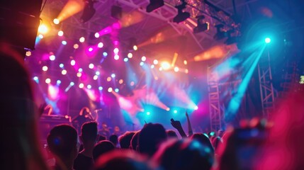 A side view of people enjoying a Cinco de Mayo concert, with colorful stage lights. 