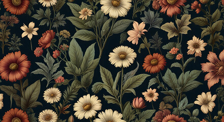 A Seamless pattern background of a collection of vintage botanical illustrations with flowers and leaves in muted colors, wallpaper style, flowers