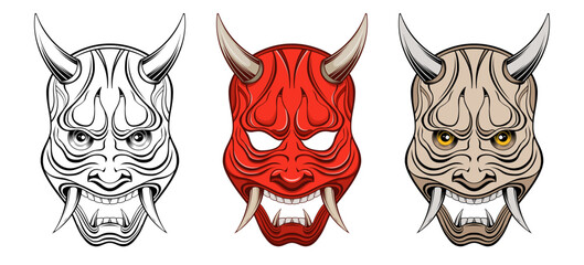 Fototapeta premium Set of Oni japanese devil masks, japan vector illustration, isolated on white background. T-shirt, tattoo, stickers or poster design. Color and monochrome vector illustration. Oni vector masks.