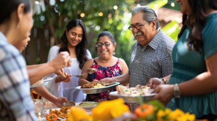 A side view of a family gathering for a Cinco de Mayo celebration, sharing laughter and food. 