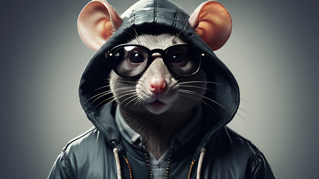 A cartoon mouse wearing sunglasses and a blue jacket on dark background
