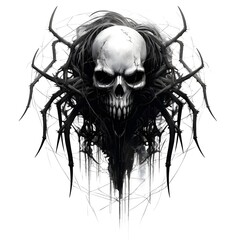 A witch spider skull, in the style of frostpunk, low resolution, boldly black and white, terrorwave, rtx on, whiplash lines, majismo
