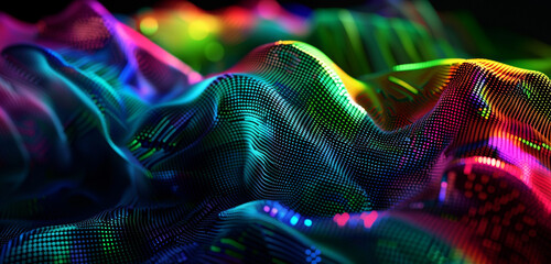 Vibrant pixel waves in jewel tones, crafting a mesmerizing scene on a dark digital canvas.