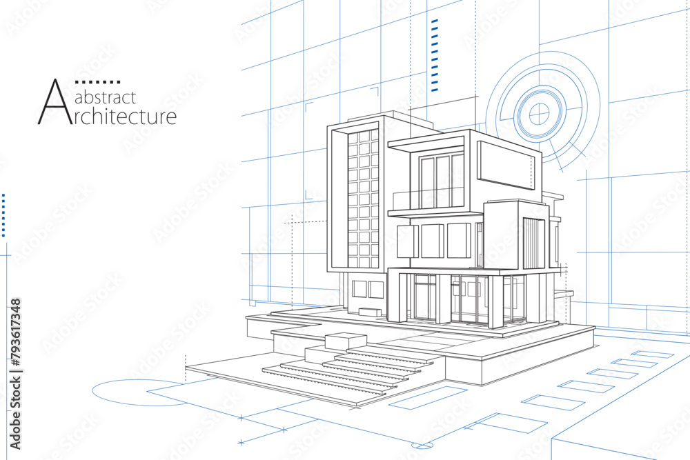 Aufkleber 3D illustration abstract urban building out-line drawing of imagination architecture building construction design.