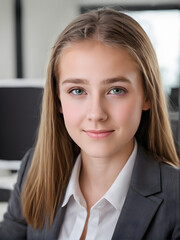 A young female businesswoman wearing a suit, a female corporate executive, half body photo in the office background, one inch photo
