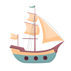 Cute sailing ship. Marine transport clipart. Vector illustration isolated on white background.