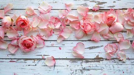 A visually pleasing flat lay arrangement showcasing delicate pink rose petals scattered on a beautifully painted white wooden backdrop - obrazy, fototapety, plakaty