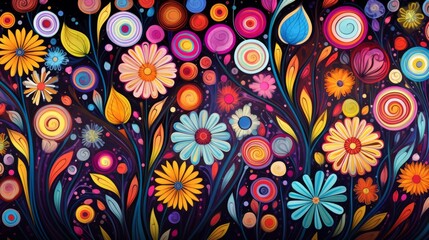 Fototapeta na wymiar Colorful flowers painted on a black background, creating a vibrant and contrasting composition