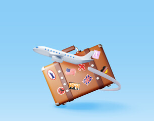 3d vintage travel bag with stickers and airplane. Render classic leather suitcase and aircraft. Travel element. Holiday or vacation. Transportation, trip concept. Vector illustration