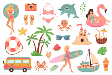 Summer beach travel set. Cute cartoon stickers collection. Summer holiday, beach rest, vacation concept.