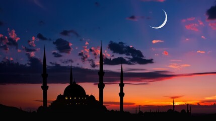 mosque at sunset and crescent moon above silhouette