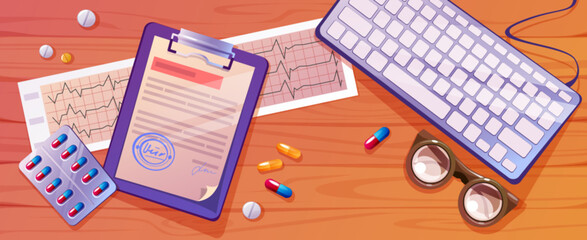 Naklejka premium Doctor desk top view with computer keyboard, tablet with prescription or test documents, cardiogram examination, medicine pills and capsules and glasses on wooden surface. Cartoon vector illustration.