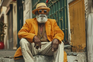 A stylish elderly man in a vibrant orange jacket, sitting and exuding a cool vibe.