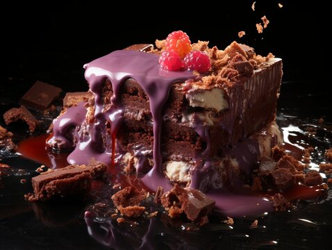 A decadent chocolate cake with raspberry sauce and chocolate shavings.