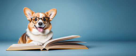 A happy corgi dog with a book on a blue background. The concept of education, training, and training of animals.
