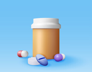 3D plastic bottle full of pills. Render medicine package for pills, capsule, drugs. Box for illness and pain treatment. Medical drug, vitamin, antibiotic. Healthcare pharmacy. Vector illustration