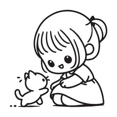 Black and white line drawing of a young girl smiling at a playful kitten, depicting innocence and joy.