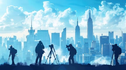 A cityscape background with iconic landmarks and silhouettes of photographers capturing the scene. 