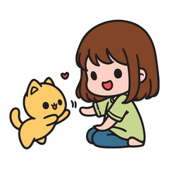 Cartoon illustration of a cheerful girl and a yellow kitten sharing a moment of affection, with a heart symbolizing love.