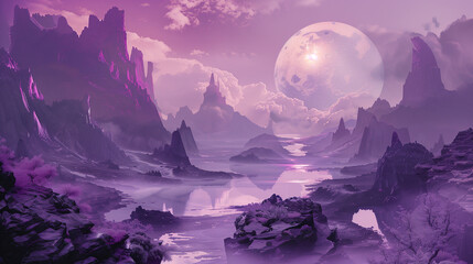 A purple landscape with a large moon in the sky. The sky is cloudy and the moon is shining brightly. The landscape is full of rocks and trees, creating a sense of mystery and wonder - obrazy, fototapety, plakaty