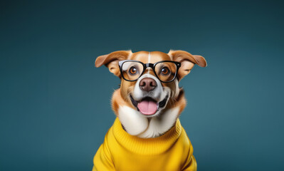 A happy dog with glasses on a blue background. The concept of education, training, and training of animals.