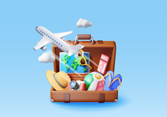 3d vintage travel bag with airline ticket, map and beach clothes. Render paper ticket with plane icon, suitcase and photo camera. Travel, holiday or vacation and transportation. Vector illustration