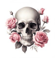 Elegant watercolor of a human skull, softened by the delicate embrace of pink roses, blending life's fleeting beauty with its eternal echo.