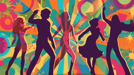 A retro disco-themed wallpaper with funky patterns and friends dancing together. 