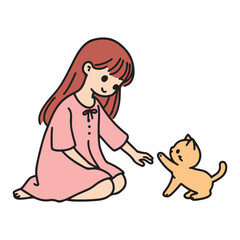 Illustration of a girl with long hair in a pink dress gently reaching out to a small, playful kitten.