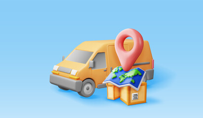 3D delivery van and cardboard boxes and map. Render express delivering services commercial truck. Concept of fast and free delivery by car. Cargo and logistic. Realistic vector illustration