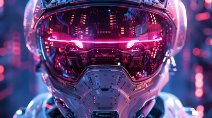 Capture a worms-eye view of a robot with shimmering, metallic textures and glowing, neon accents, blending surrealism and robotics seamlessly - obrazy, fototapety, plakaty