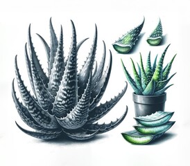 Engraved Monochrome and neon watercolor-style Aloe vera set, showcasing detailed botanical art.
