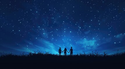 A minimalist wallpaper with silhouettes of friends holding hands under a starry sky.